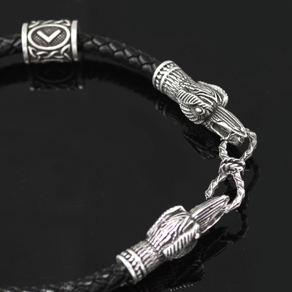 Viking Real Leather Amulet Odin Raven Bracelet with Viking Knot Amulet Bag In 3 Size Suite for Man and Women