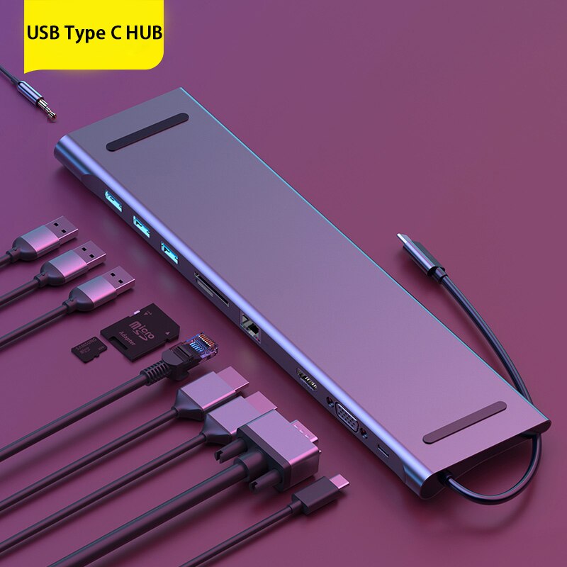 USB Type C HUB to 3.0 USB HDMI-compatible RJ45 USB HUB for MacBook Pro USB Splitter Multi 11 Ports Type C HUB &amp; 3.5 Audio Port