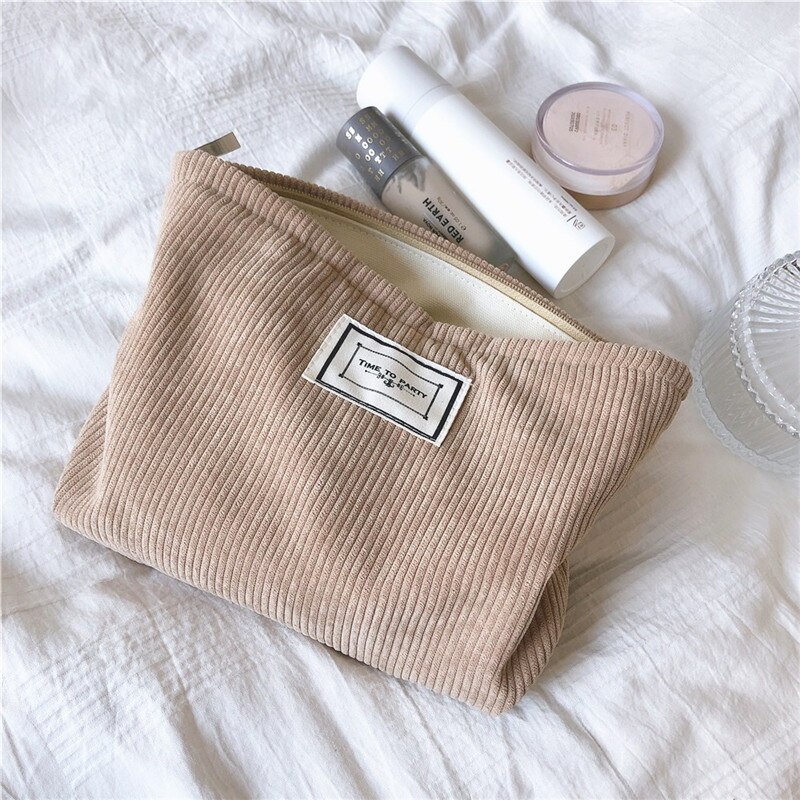 PURDORED-Bolsa de maquillaje pana suave para mujer, neceser grande de Color sólido, organizador de almacenamiento de maquillaje de viaje, funda de belleza para chica, 1 ud.: khaki