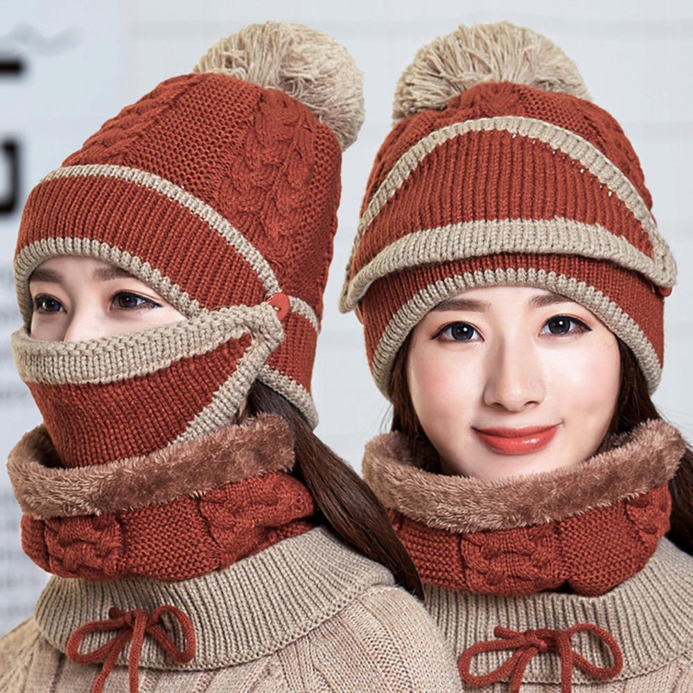 Gebreide wollen muts gebreide muts dames sportkleding plus fluweel 3 stuks/set masker sjaal set winddicht paardrijden warme buitenactiviteiten