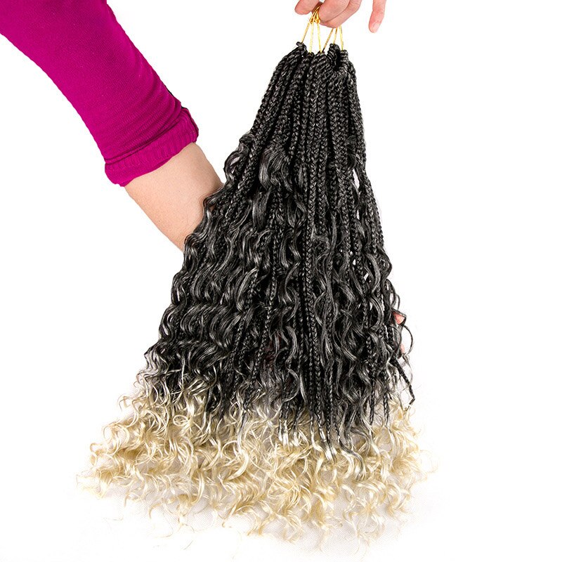 24Inch Box Braids Hair Boho Braids Ombre Synthetic Curly Crochet Braiding Hair Extension Messy Goddess Black Brown: T613