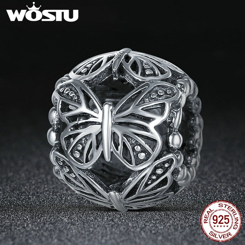 Wostu autêntico 100% 925 prata esterlina empilhável borboleta redonda charme contas caber diy charme estilo pulseira jóias presente cqc491