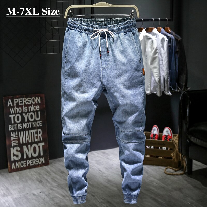 Pantalones vaqueros bombachos para hombre, vaqueros de cintura elástica, color azul claro, talla grande 5XL, 6XL, 7XL, novedad de otoño,