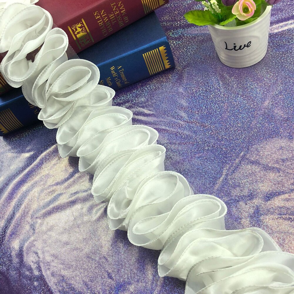 1Yard 10CM Wide Gathered Pleated Satin Lace Wave S Shape Ruffle Frill Trim Ribbon Shiny Sewing Dentelle: white