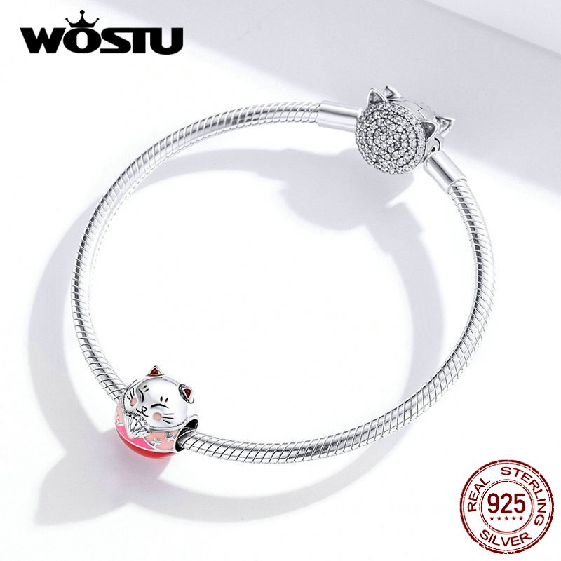 WOSTU 925 Sterling Silver Fortune Cat Beads Pink Lucky Charm Fit Original Bracelet Pendant Fine Jewelry CQC1341