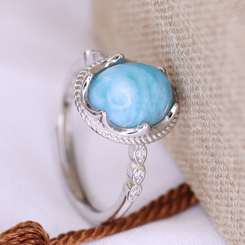 Haiwen Stone Ring Larimar Cute Personality Adjustable Geometry Round Ring Fine Jewelry For Women Party