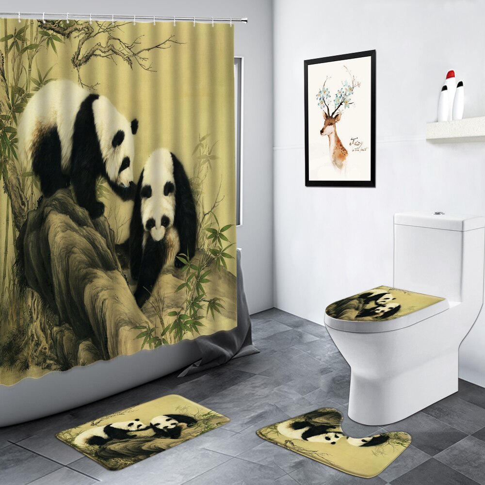 Juego de cortinas de ducha de Panda, alfombra antideslizante de estilo chino de bambú, Animal verde, negro, blanco, divertido: 5621G-4pcs Set