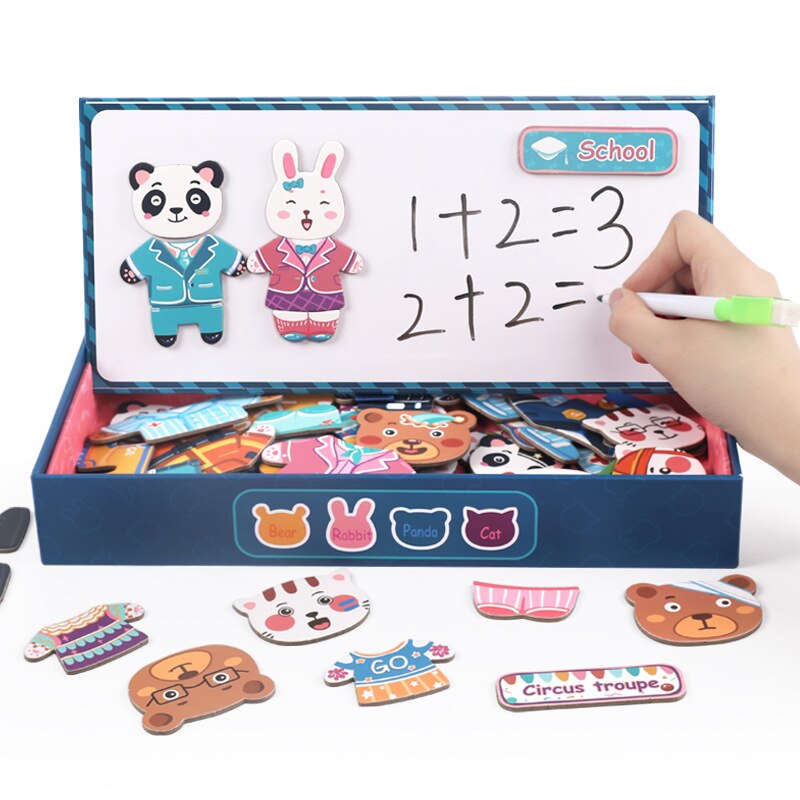 Planche à dessin magnétique en bois multifonction pour enfants, Puzzle, animaux, écriture, tableau noir, apprentissage, jouets éducatifs