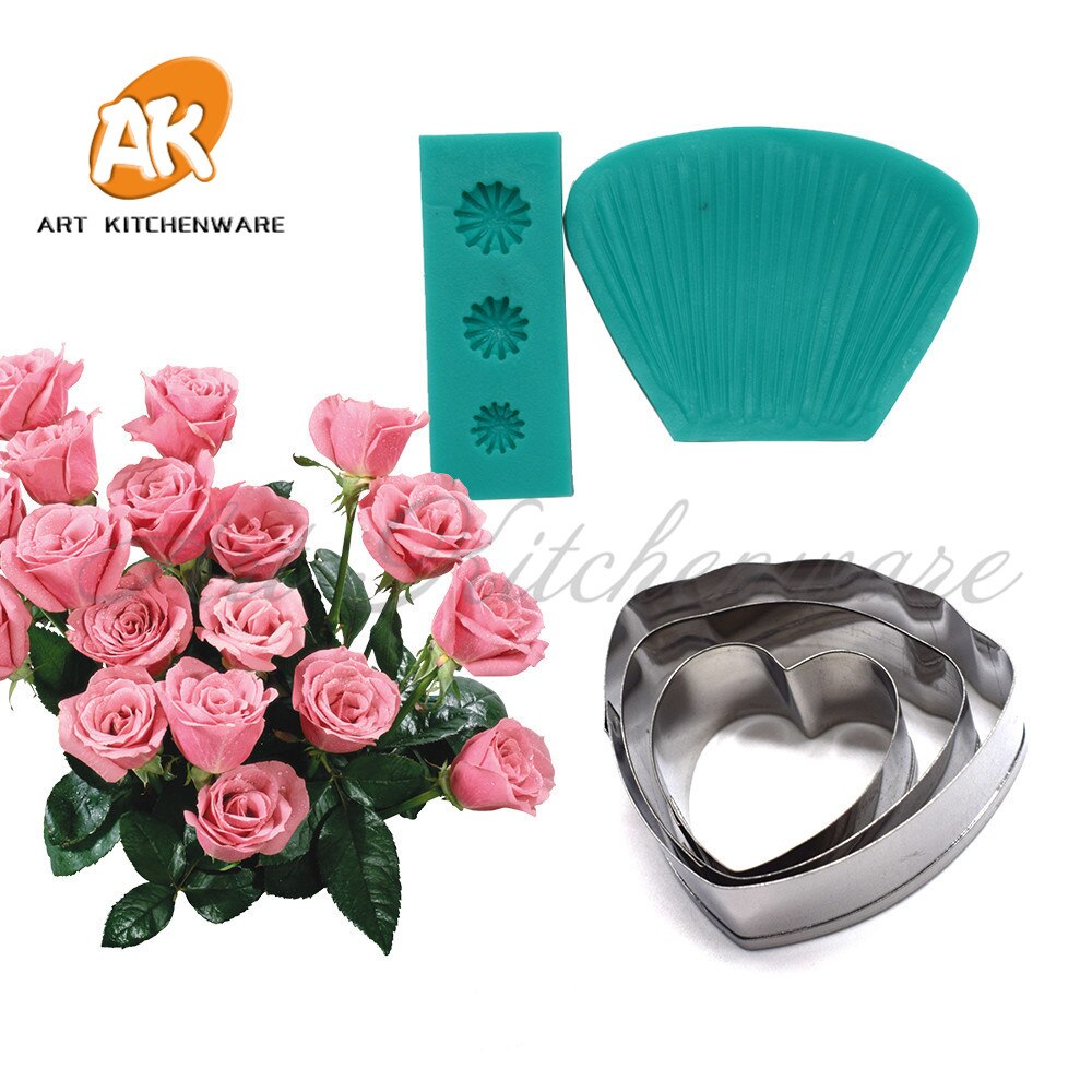 Rose Petal Siliconen Veiner Mold Rvs Cutter Set Fondant Bloem Cakevorm Diy Handgemaakte Mallen Cake Decorating Gereedschap: A346-VM087