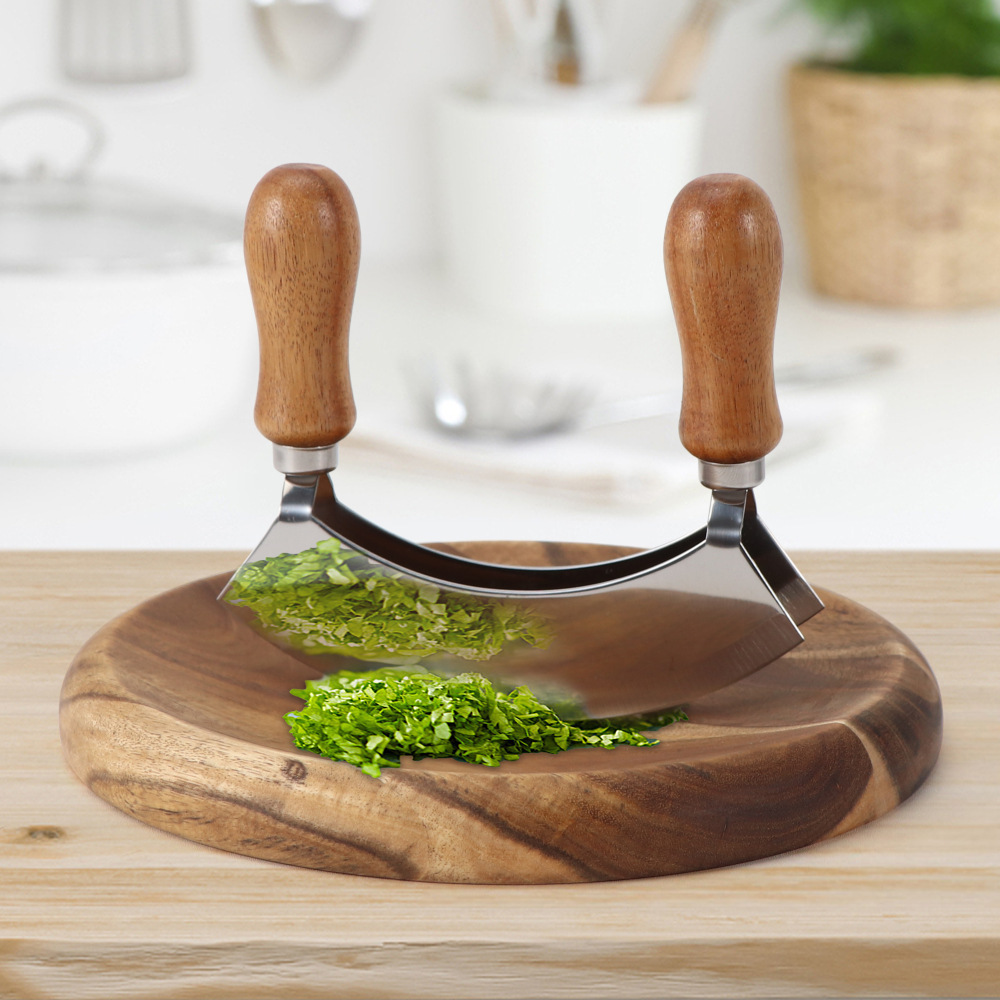 Salad Chopper With Wood round Herb Board Mezzaluna Knife with Handle Stainless Steel Chopper Vegetable Cutter Onion Chopper
