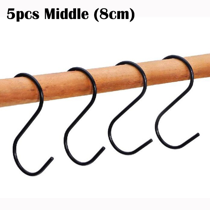10pcs Stainless Steel S-Shape Hooks Kitchen Bedroom Black Silver Railing S Hanger Hook Clasp Holder Hooks Hanging Storage Tools: 5pcs Black (M)