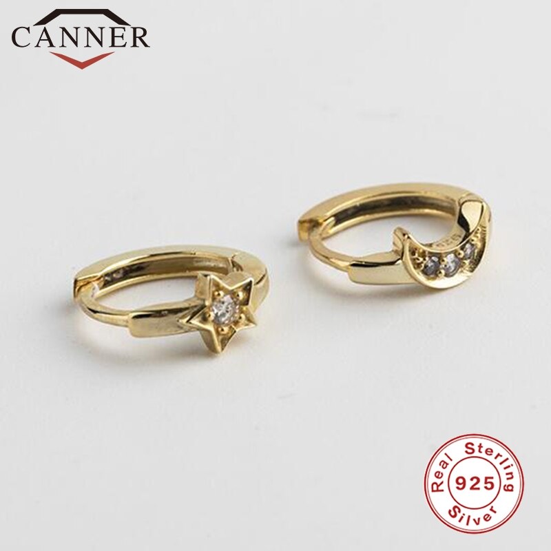 INS 925 Sterling Silver Star Moon Small Hoop Earrings for Women Simple Geometric Gold Silver Round Earrings Korean Jewelry: gold 2