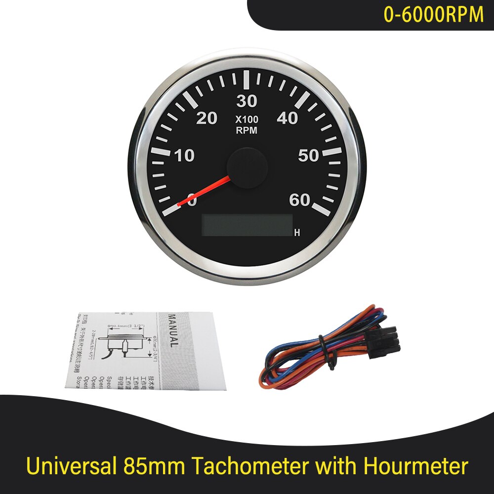 85mm Diesel Engine Tachometer with Digital Hourmeter 3K 4K 6K 7K 8K RPM for Marine Car Truck 9-32V with Red Backlight 12V 24V: 6K-BS