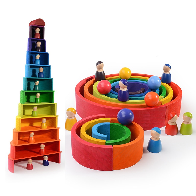 Wooden Rainbow Blocks Wooden stacking toys grimms rainbow Wood Building Blocks Colorful rainbow Children kids Educational Toy