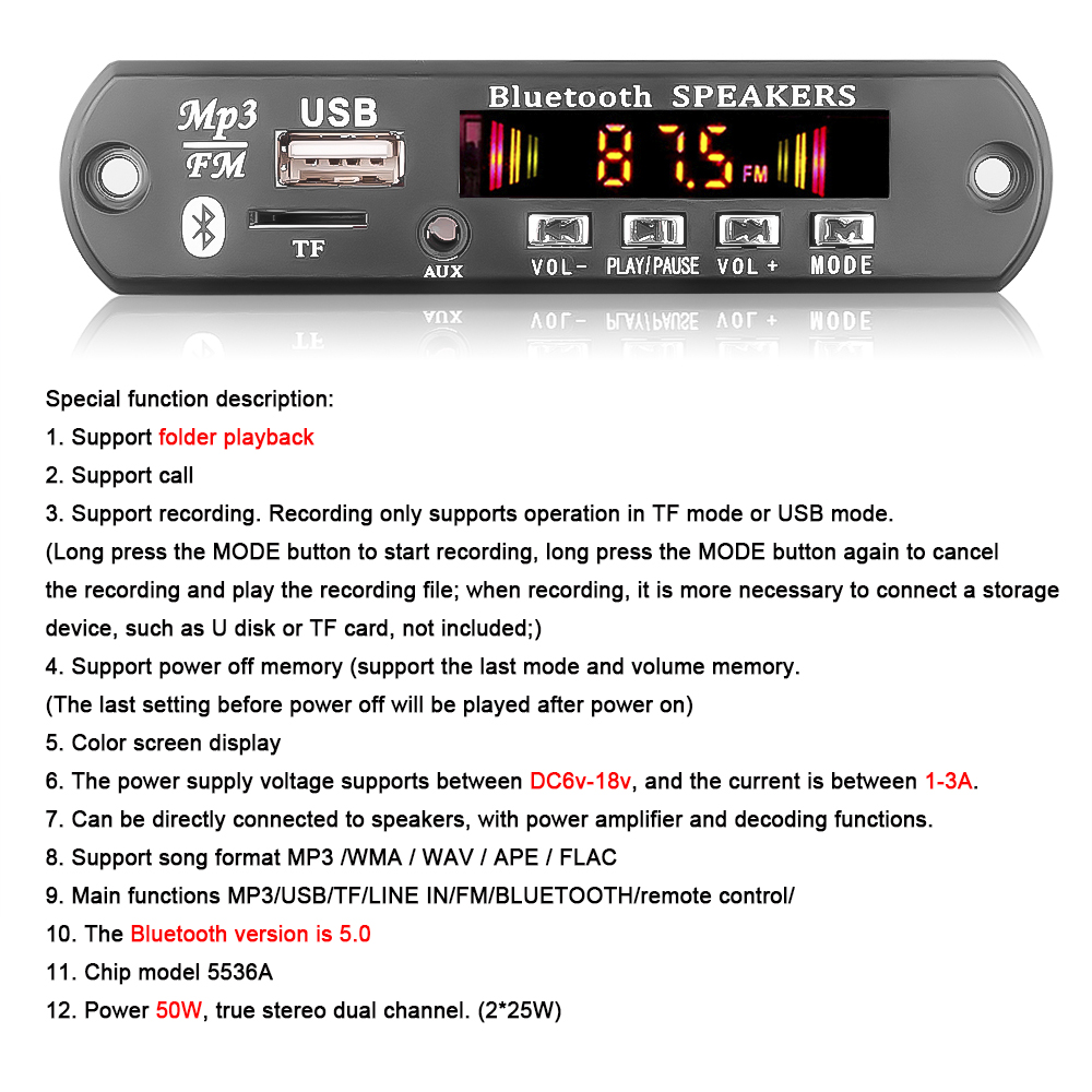 Vivavoce 50W amplificatore MP3 scheda di decodifica schermo a colori DC 12V Bluetooth V5.0 lettore MP3 per auto modulo di registrazione USB FM AUX Radio: Black