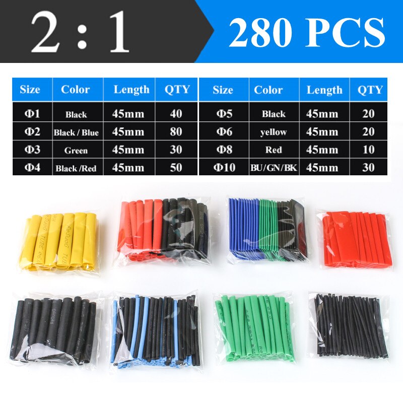 2：1 Shrinking Tubing Assorted Wire Cable Insulation Sleeving,Thermoresistant Tube Heat Shrink Wrapping Kit: 280pcs color Bagged