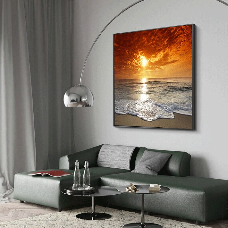 Sea Beach Landscape Canvas Wall Art – 90x60cm Framed Print – Orange Abstract Décor