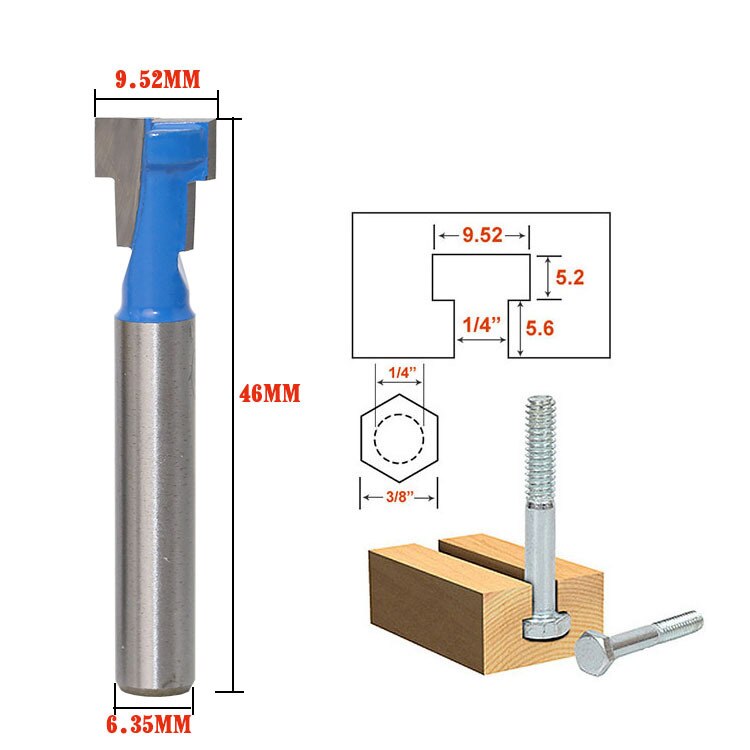 Jeu de mèches de routeur de trou de serrure à tige de 1/4 à 1/2 pouces, diamètre de lame de-3/8 et 1/2 pouces, fraise de gravure, fraises à fente en T: 6.35mm x 9.52mm Blue