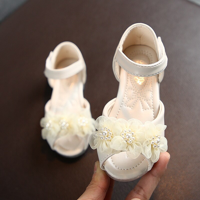 Kids Toddler Baby Shoes Summer Little Children's Flowers With Pearls Open Toe Half Sandals Casual Soft Girls Shallow Lace Flats