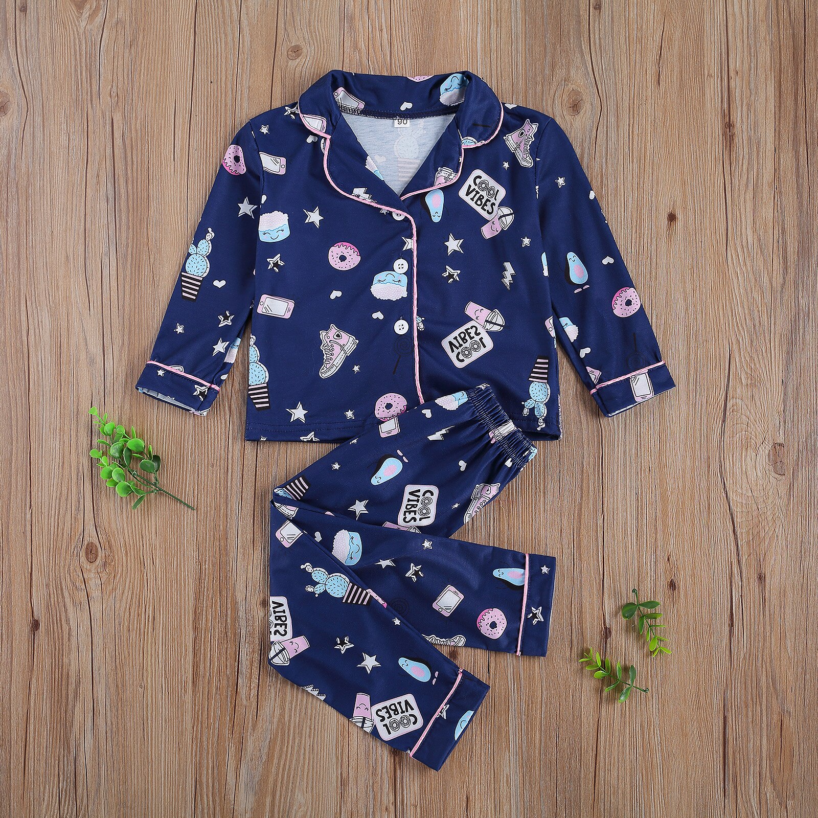 Baby & Kinderkleding Modieuze Kind Pyjama Suit Revers Kraag Top Elastische Hoofd Cartoon Gedrukt Lange Broek