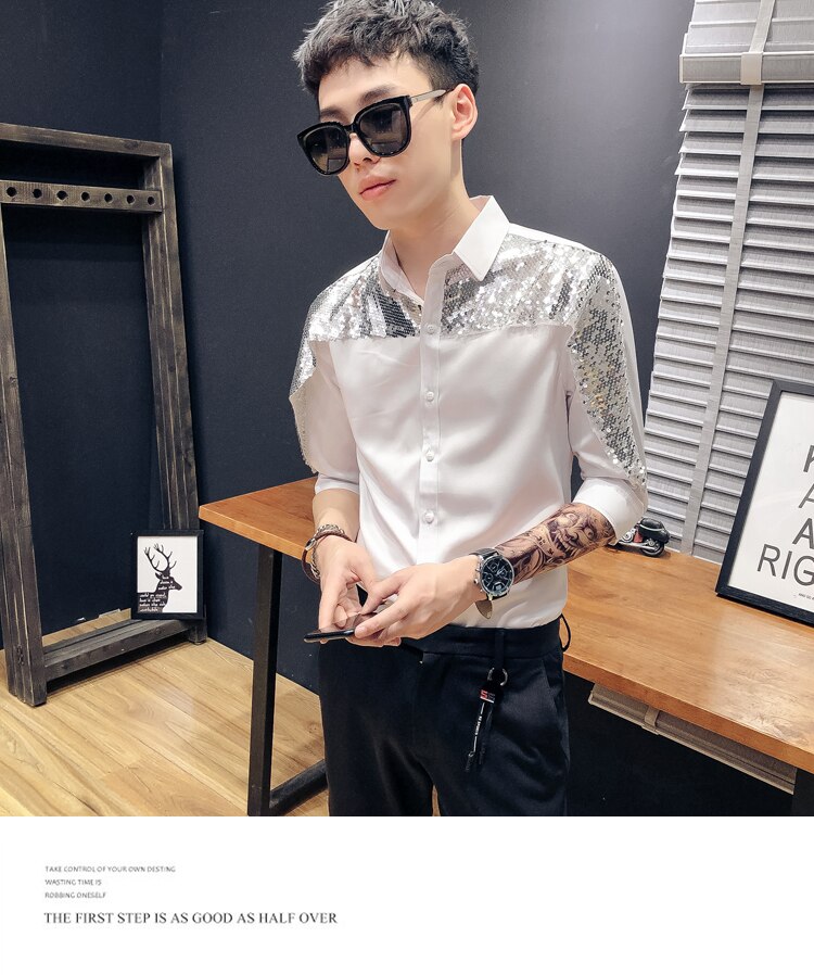 Men&#39;s Sleeve Shirt Personality Sequins Splicing Nightclubs DJ Men&#39;s Trends Youth Slim Handsome Hair Stylist Costumes