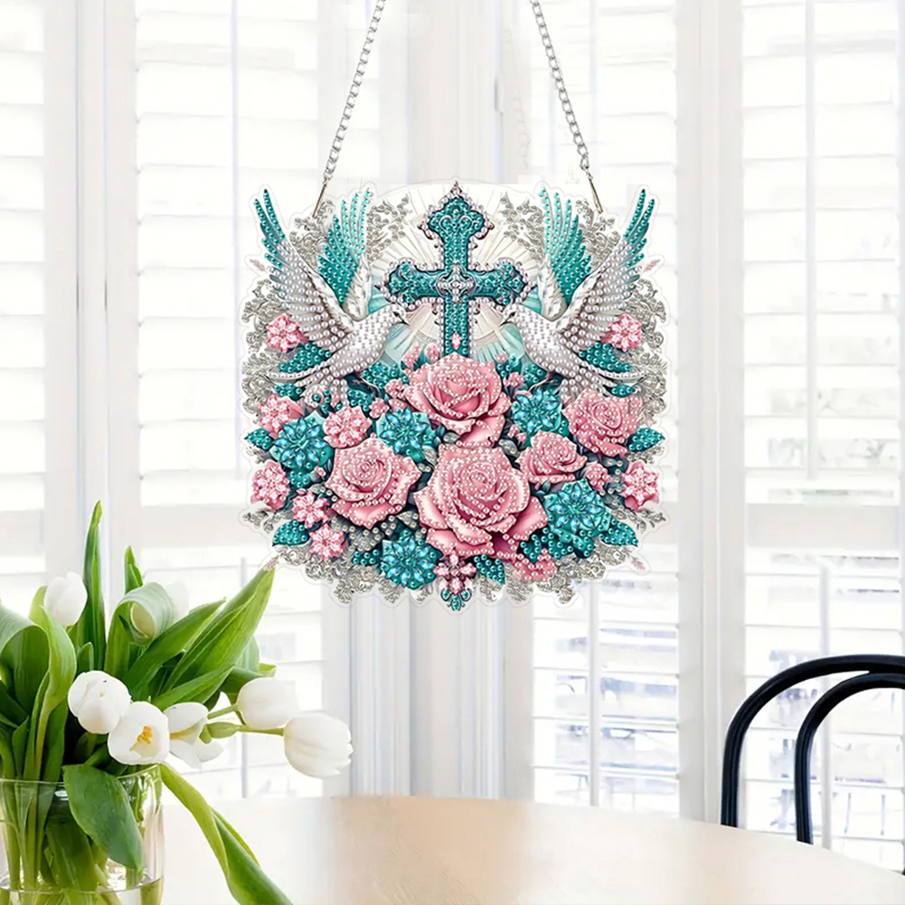 Flowers Cross Diamond Art Hanging Pendant Diamond Painting Home Decor Rhinestone Diamond Art Window Pendants for Window Decor