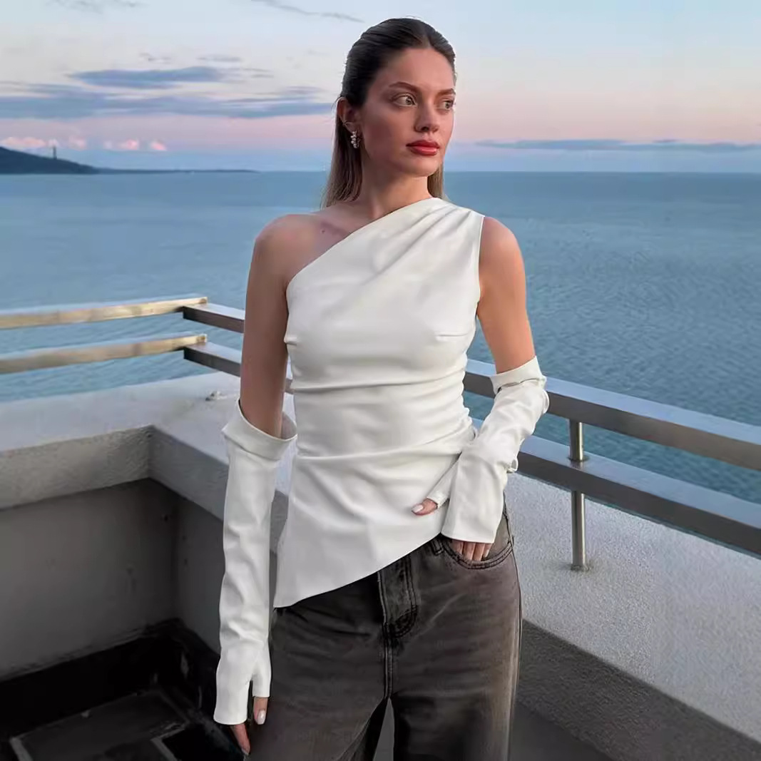 Efterårsgade hipster ærmeløs diagonal krave pu lædervest plusærmet dame crop top: S / Sort