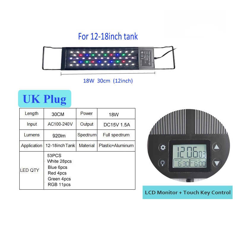 12inch-18-24inch Waterdichte Programma 8 Kleuren Auto On Off Volledige Spectrum Led Aquarium Lichtpunt Voor Zoetwater Geplant Tank: 18W 12inch C138 UK