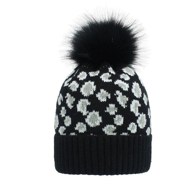 Herfst winter luipaard print wol gebreide muts warme oversized haarbal dikke warme muts pompon: Zwart
