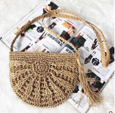 3 de las mujeres bolsa de paja de mimbre tejido bolso verano playa bolsas de vacaciones de playa Casual hecho a mano monederos: Se Khaki