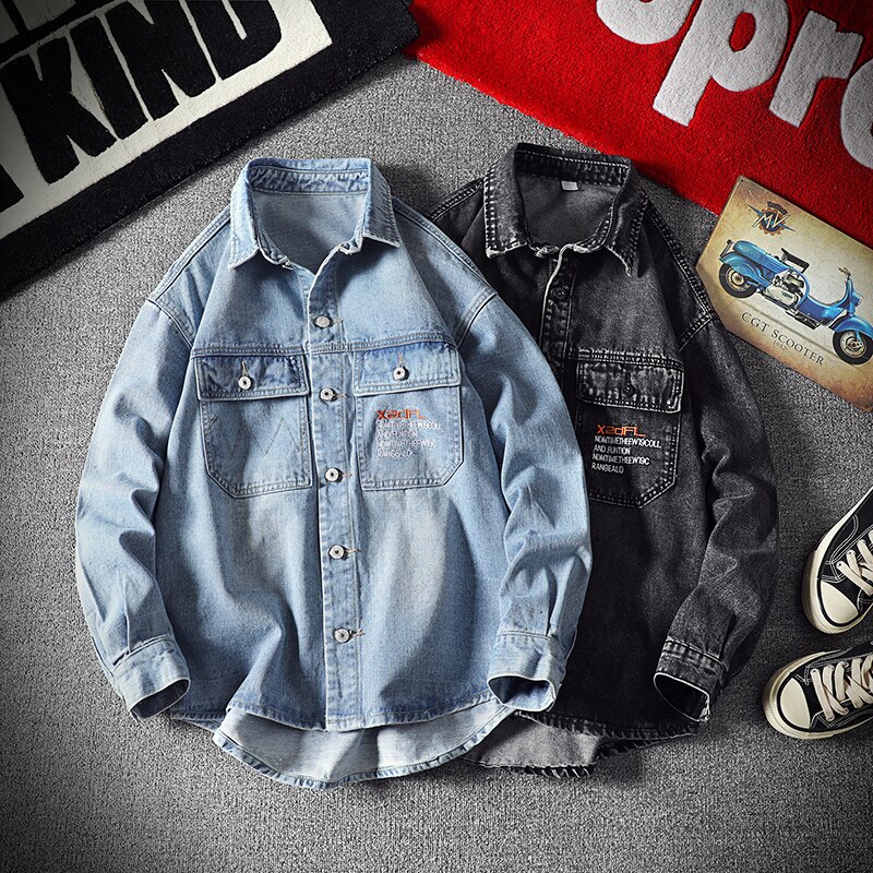 Fashionable men's denim shirt long-sleeved large size cotton denim cardigan casual slim-fit shirt men's two pockets clothes 5XL