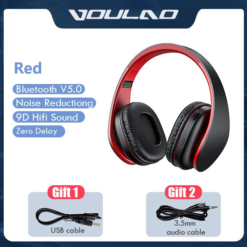 Bluetooth 5.0 hovedtelefoner foldablel 9d bas stereo trådløs øretelefon støjreduktion gaming headset mikrofon  mp3 til mobil pc: Rød