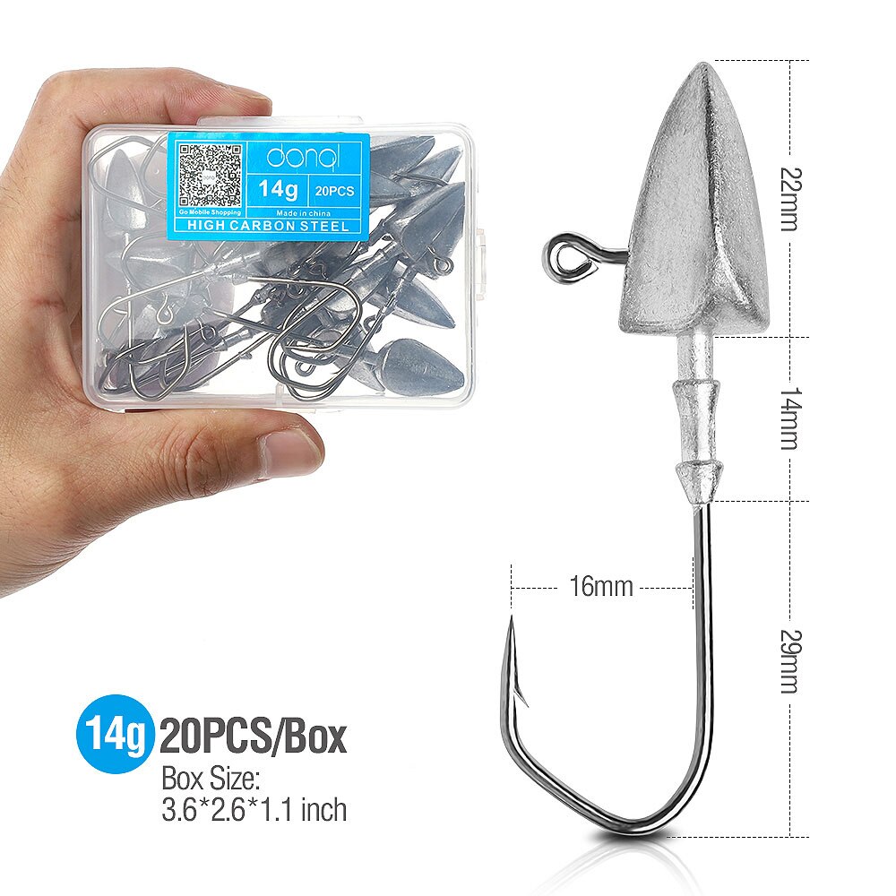 Donql 20 stuks/set lood jigkop vishaak weerhaak karper vishaak 3.5g 5g 7g 10g 14g voor zachte worm kunstaas vishaak uitrusting: 20 stuks 14g