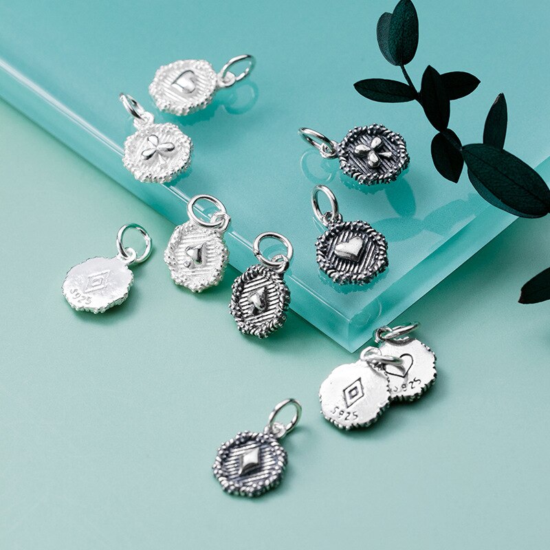 925 Sterling Silver Poker Pattern Round Charms 13mm Decoration Jewelry Silver Dangle Pendants DIY Fine Findings Supplier