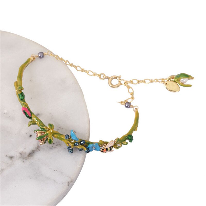 Nouvelle série Rose fleur bleue abeille fleur branche gemme Bracelet femme émail bijoux