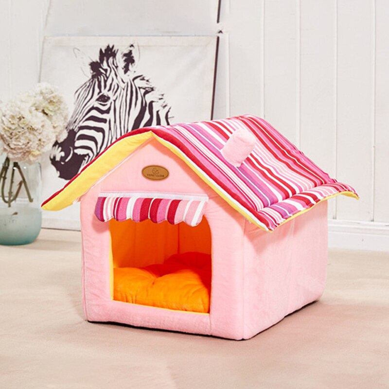 Huisdierbed in bruine stijl, huis voor honden, slaapbank, verwijderbaar kussen, huisdierbedden, honden, puppybedden, opvouwbare mat voor hondenhok: Roze / S