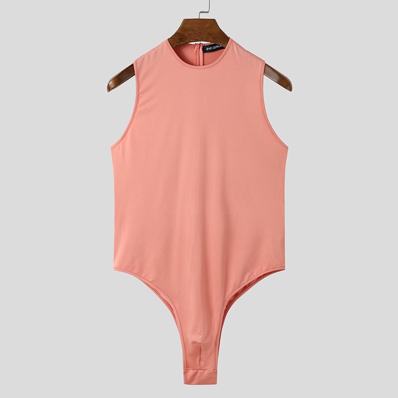 INCERUN Men Bodysuits Underwear Round Neck Sleeveless Solid Color Fitness Cozy Pajamas Rompers Sexy 2022 Mens Bodysuit S-5XL: Pink / L