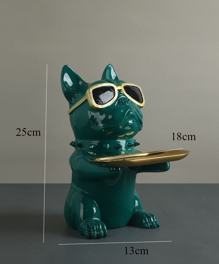 Escultura de Bulldog Francés nórdico, estatua de perro, llave, joyería, almacenamiento, decoración de mesa, con vasos de plata: Verde