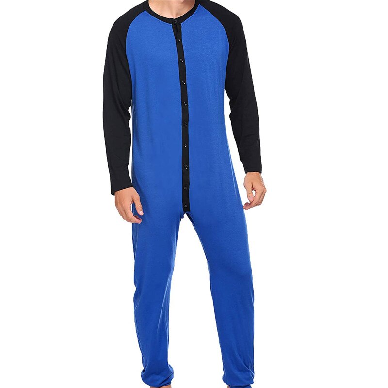Mannen Een Stuk Pyjama Casual Homewear Nachtjapon Mannen Knoppen Up Jumpsuit Nachtkleding