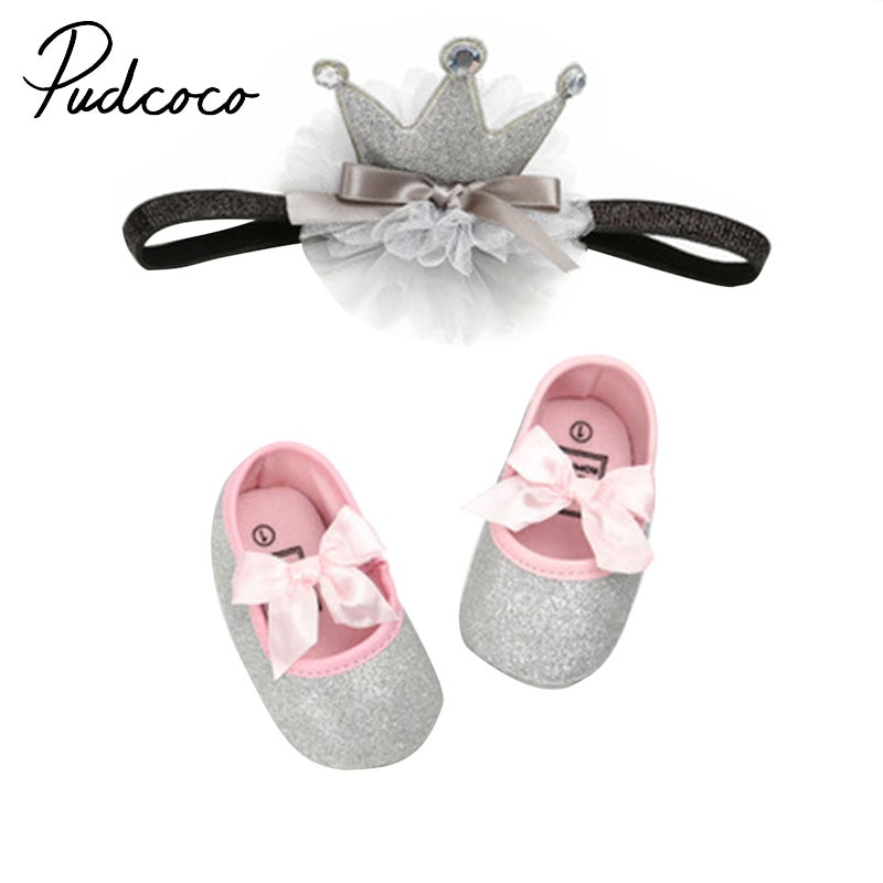 Baby flickor pu first walker skor mjuk sula halkfria skor paljett fast söta resårskor + kronhårband set 0-12m