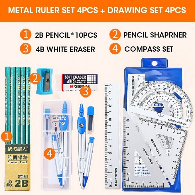 M&G Aluminium Metal Geometry Ruler Set Maths pencil stationery triangular Rulers Protractor Students for School Office Supplies: Set 3 Blue