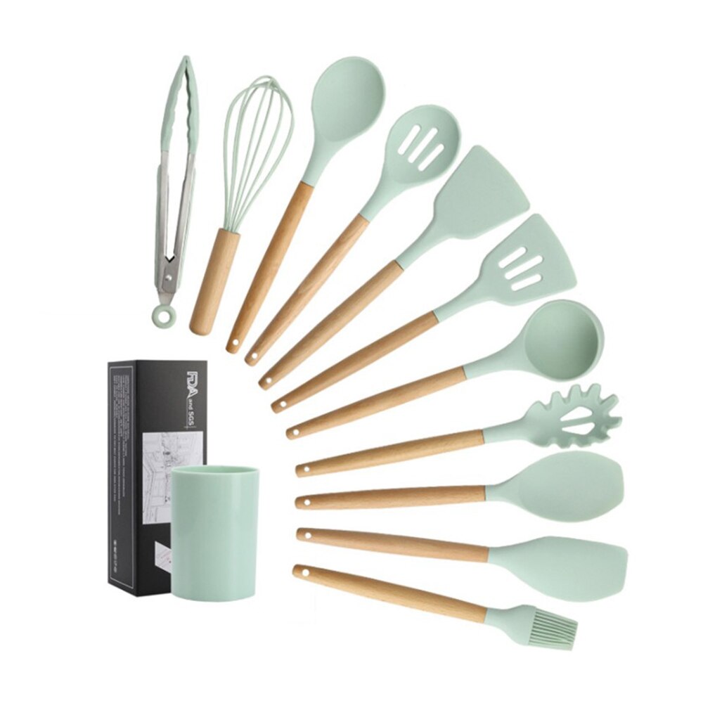 11pcs Silicone Cooking Utensils Set ,Pink Solid Wood Handle With Storage Box, Kitchenware Kit Kitchen Tools Accessories: Green with box