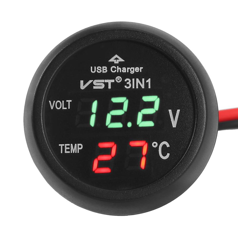 LED numérique voiture allume-cigare voltmètre thermomètre voiture camion USB chargeur 12V/24V température mètre voltmètre 3 en 1/ 2 en 1: green
