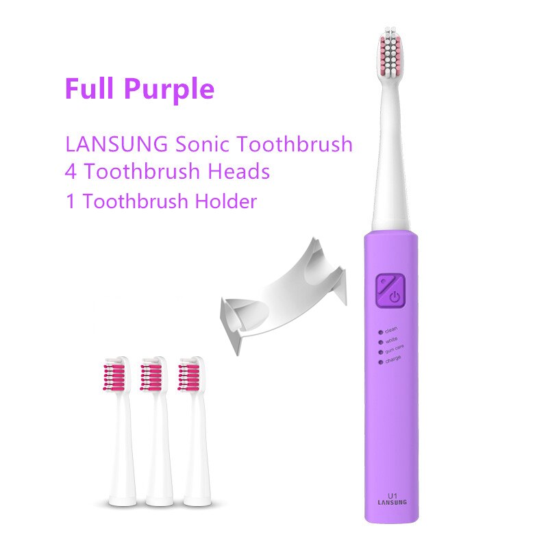 LANSUNG brosse à dents électrique sonique Ultra sonique brosses à dents rechargeables USB avec 4 pièces têtes de rechange et 1 porte-brosse à dents: Full Pruple