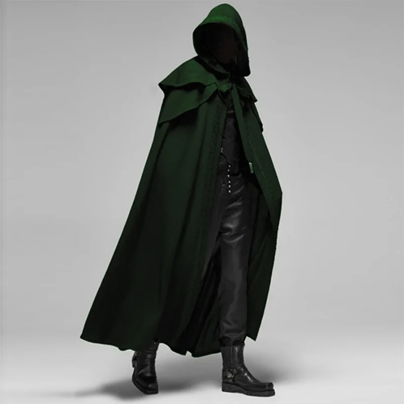 Fantasia Medieval Retro para Homens, Trajes de Cavaleiro, Pirata, Príncipe, Capas com Capuz Gótico, Roupas Longas, Jaquetas para Carnaval e Halloween: XL / verde