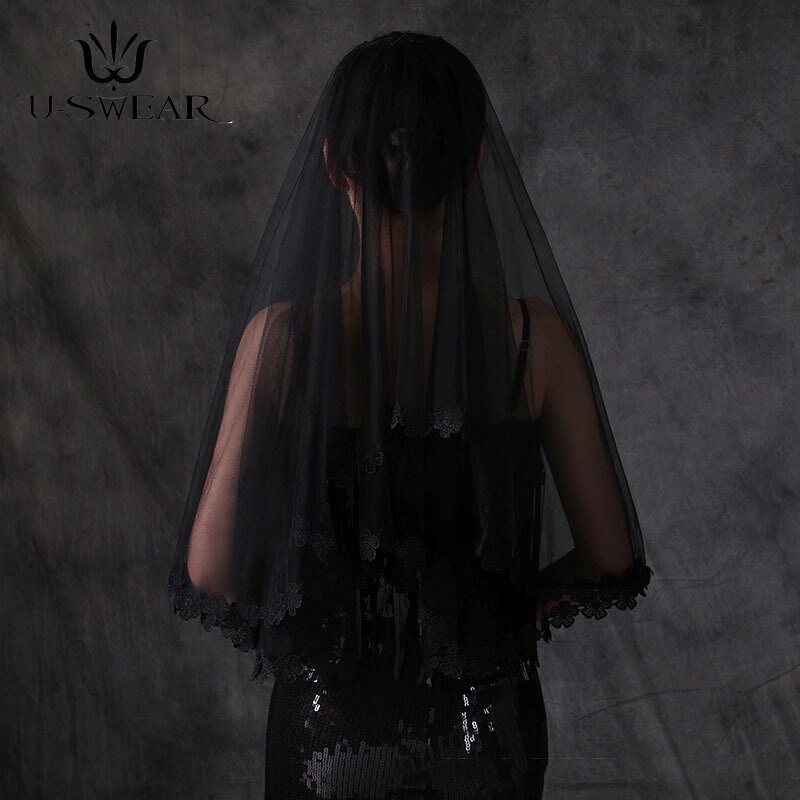 Retro Gothic Simple Muslim Bride Lace Veil Black Tulle Dress Women 1 Layer Short Black Wedding Veils Black Veil Bride Lace