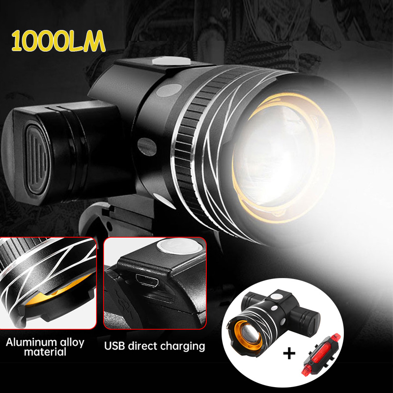 Juego de luces LED para bicicleta, faro recargable por USB, linterna frontal con zoom, resistente al agua, 1000 lúmenes