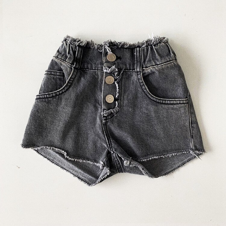 Children's summer style shorts for girls, small high-waisted, washed frayed micro-elastic denim shorts