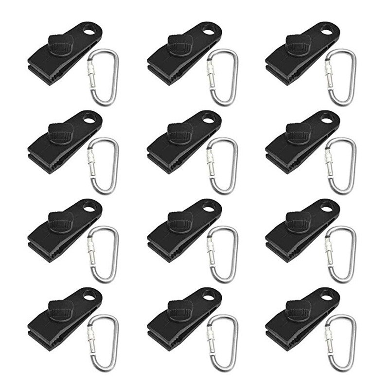 12Pcs Fixed Plastic Clip Reinforcement Clip with 12 Carabiner for Outdoor Tent Awnings Caravans Boat Covers: Default Title