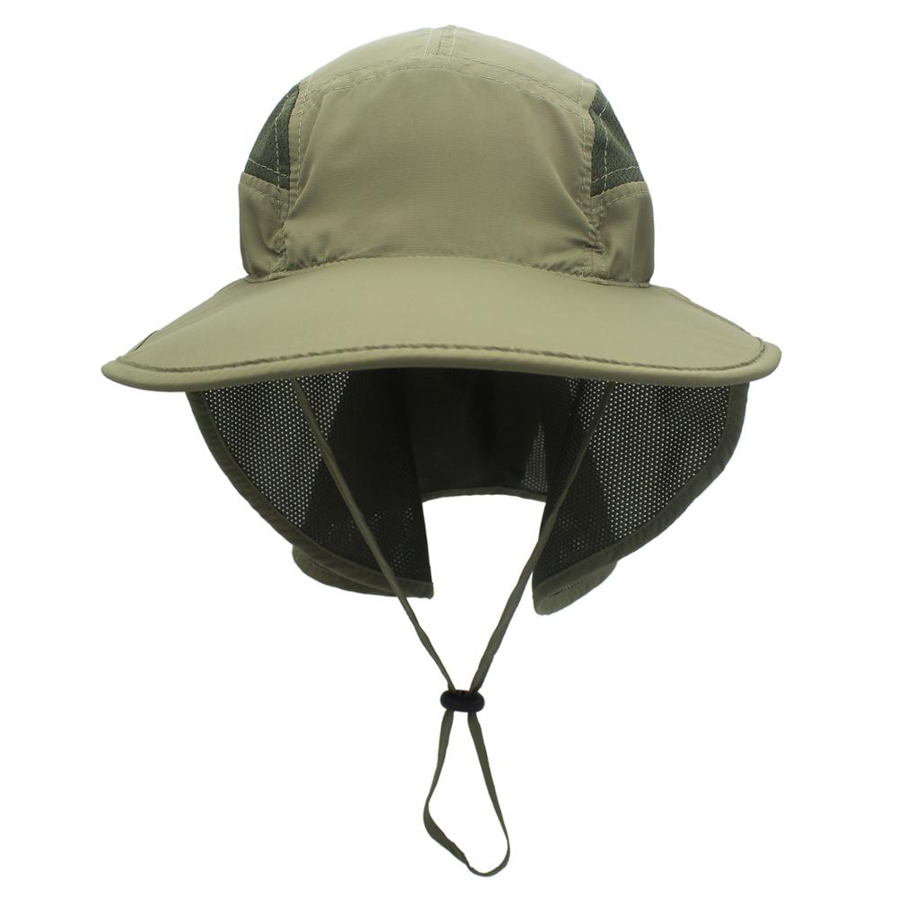 Outfly bredbredt solhat til mænd og kvinder om sommeren polyester hurtigtørrende hat bjergfiskeri spand hatte med nakkebeskyttelse: Militærgrøn